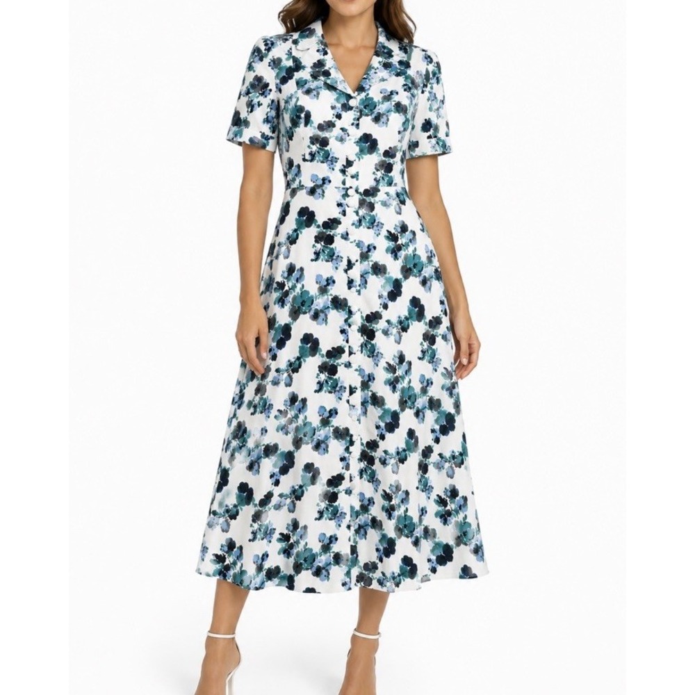 Tuckernuck Blue Blooms Dress Size Large Blue Floral Linen Midi Short Sleeve